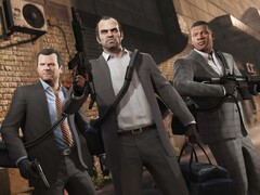 Les personnages principaux de Grand Theft Auto V, Michael, Trevor et Franklin, en mission de braquage avec des armes et des sacs. (Source de l'image : Rockstar Games)