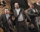 Les personnages principaux de Grand Theft Auto V, Michael, Trevor et Franklin, en mission de braquage avec des armes et des sacs. (Source de l'image : Rockstar Games)