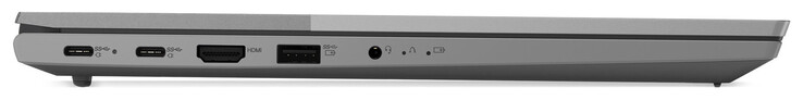 Côté gauche : 2x USB 3.2 Gen 2 (USB-C ; Power Delivery, Displayport), HDMI, USB 3.2 Gen 1 (USB-A), prise audio