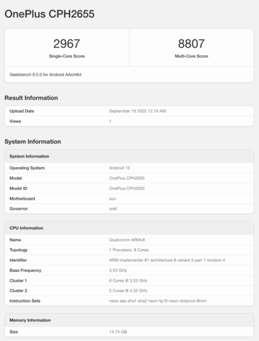 La liste du OnePlus 13 sur Geekbench. (Source de l'image : Geekbench)