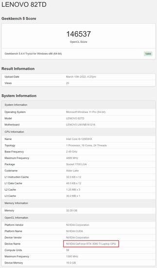 GeForce Ordinateur portable RTX 3080 Ti. (Image source : Geekbench)