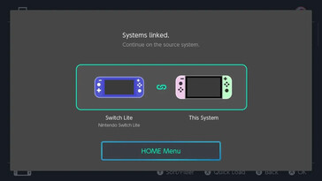 Étape 3 de la liaison des consoles Nintendo Switch pour le partage de la carte de jeu virtuelle : L'écran de confirmation " Systèmes liés " s'affiche, indiquant que le processus de liaison est terminé. L'utilisateur est invité à poursuivre sur la console source en appuyant sur le bouton HOME Menu.