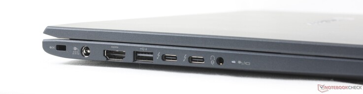 À gauche : verrou de sécurité, adaptateur secteur, HDMI, USB-A Gen 3.2, 2x USB-C 4.0 avec DisplayPort + Power Delivery, casque 3,5 mm