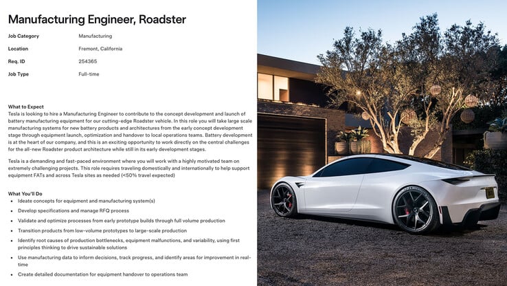 L'offre d'emploi pour la fabrication de la batterie Tesla Roadster 2. (Source de l'image : Sawyer Merritt/X)