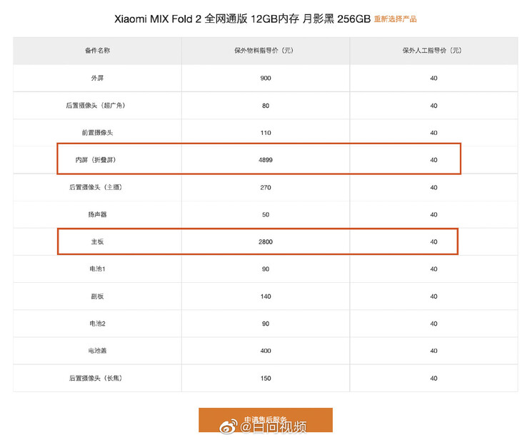 La liste officielle des frais de service de Xiaomi pour le Mix Fold 2. (Source : Xiaomi via Weibo)