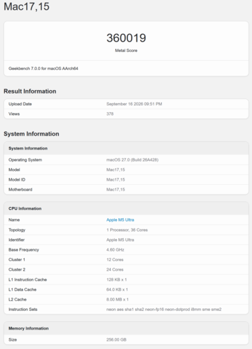 Score GPU de l'Apple M5 Ultra sur Geekbench 7