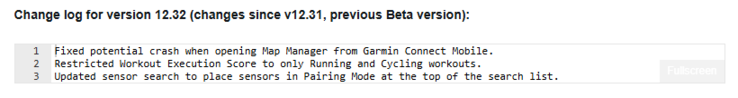 Le journal des modifications de la version beta 12.32 pour la Garmin Fenix 8 et les smartwatches associées. (Source de l'image : Garmin)