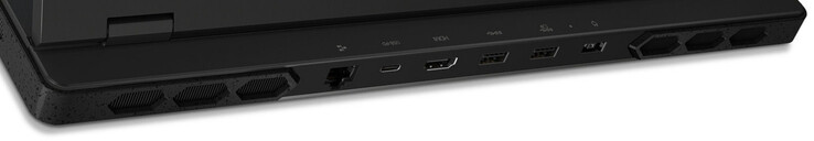 Arrière : Gigabit Ethernet, USB 3.2 Gen 2 (USB-C ; Power Delivery, DisplayPort), HDMI, 2x USB 3.2 Gen 1 (USB-A), port d'alimentation