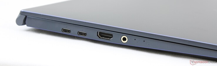 Côté gauche : 2 USB C + Thunderbolt 3, HDMI 1.4, combo audio 3,5 mm.