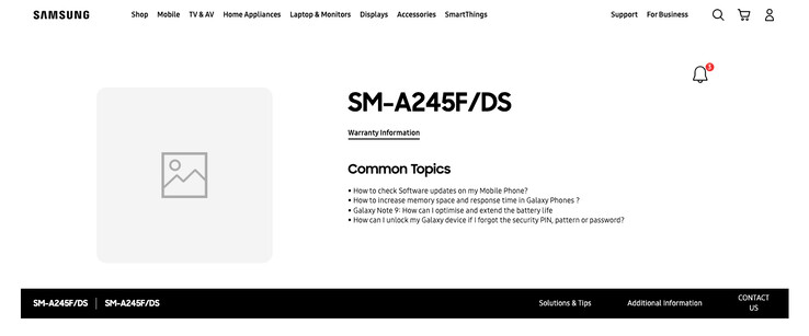 Le "Galaxy A24 " est repéré comme une nouvelle entrée dans la base de données de Samsung Support. (Source : Samsung IN via SamMobile)