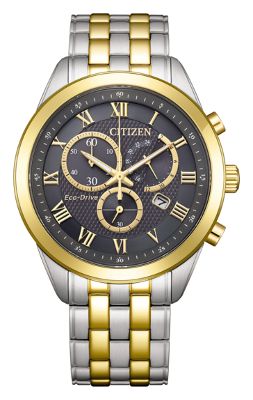 Chronographe Citizen AT2604-56H Eco-Drive doté d'un cadran texturé gris anthracite, d'une lunette et d'aiguilles dorées, ainsi que d'un bracelet bicolore en acier inoxydable.