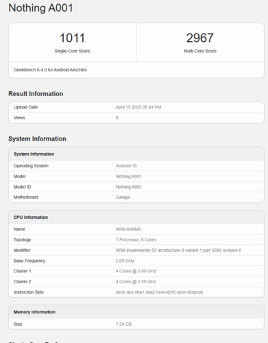 Liste Geekbench du CMF Phone 2 Pro supposé (source d'image : Geekbench)