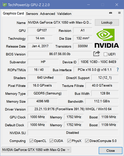 HP EliteBook 1050 G1 - GPU-Z : Nvidia GeForce GTX 1050 Max-Q.