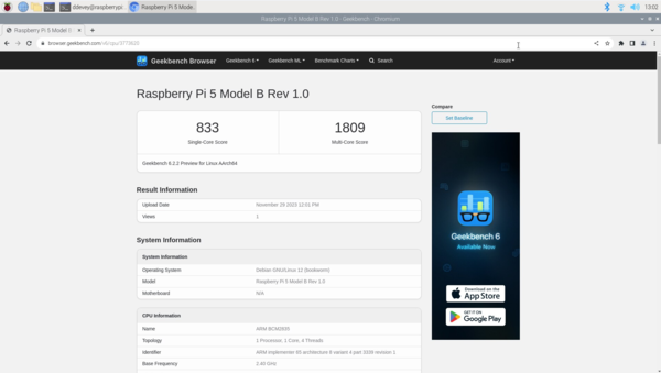 Avec un score de 833 sur Geekbench 6, le Raspberry Pi 5 n'est pas en reste (Source : Notebookcheck)