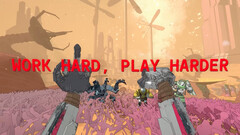 Capture d'écran de Mycopunk avec des mains de robot et un texte lisant "work hard play harder"