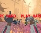 Capture d'écran de Mycopunk avec des mains de robot et un texte lisant "work hard play harder"