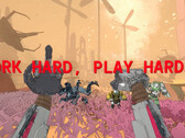 Capture d'écran de Mycopunk avec des mains de robot et un texte lisant "work hard play harder"