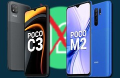 Le POCO C3 et le POCO M2 ont été déplacés dans la colonne &quot;ne sera pas obtenu Android 12&quot;. (Image source : POCO/Google - édité)