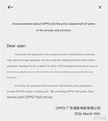 Oppo annonce une hausse des prix de plusieurs smartphones en Chine.