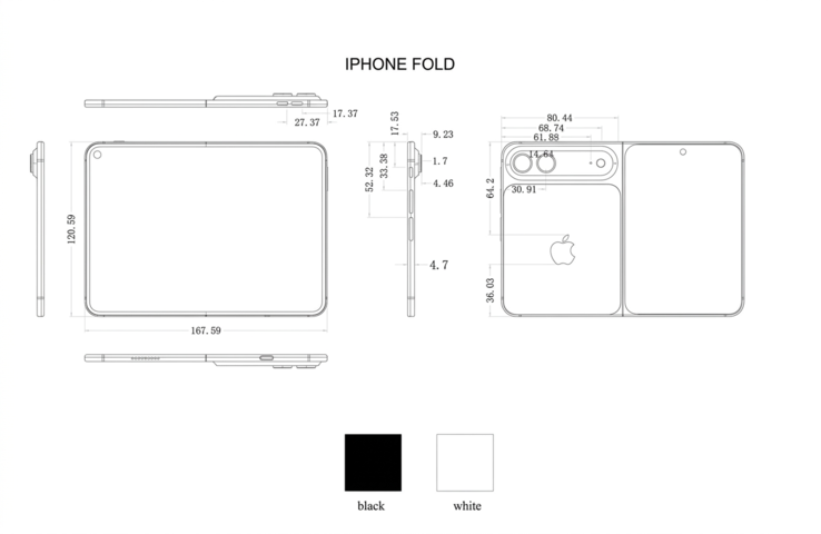 Schémas présumés de l'iPhone Ultra/Fold provenant d'un fabricant d'étuis (mis à l'échelle avec AI).