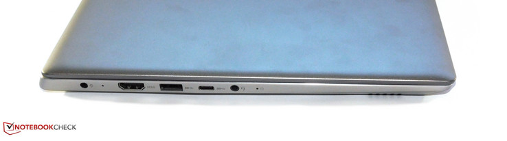 Côté gauche: prise d'alimentation, HDMI, USB Type-A 3.0, USB Type-C 3.1 Gen1, combo audio 3,5 mm