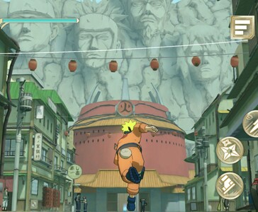 Naruto courant à travers le village de Hidden Leaf dans Naruto : Ultimate Ninja Storm+, avec le rocher de l'Hokage visible en arrière-plan. (Source de l'image : Bandai Namco Entertainment)