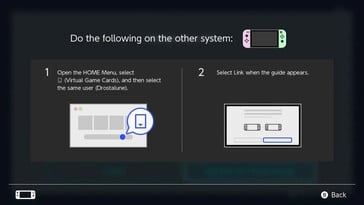Étape 1 de la liaison des consoles Nintendo Switch pour le partage de cartes de jeu virtuelles : L'écran indique à l'utilisateur d'ouvrir le menu HOME, de sélectionner l'icône Cartes de jeu virtuelles, puis de sélectionner son profil utilisateur sur l'autre console Nintendo Switch qu'il souhaite relier.