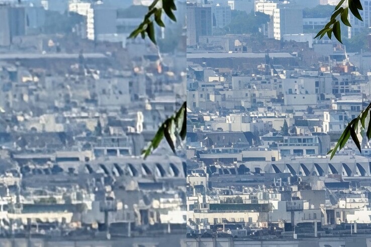 Le zoom Pro Res fonctionne mieux dans les villes (à gauche : non édité, à droite : optimisé par l'IA) (Source de l'image : Cnet)