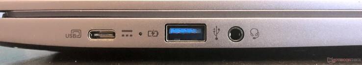 Côté gauche : USB C 3.1 Gen 1 (avec entrée secteur et écran), USB A 3.1 Gen 1, prise jack.