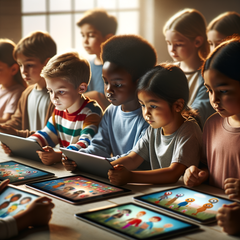 Les jeunes enfants qui regardent trop d'heures de vidéos ont un retard dans le développement de leur langage. (Source : image générée par l'IA Dall-E 3)
