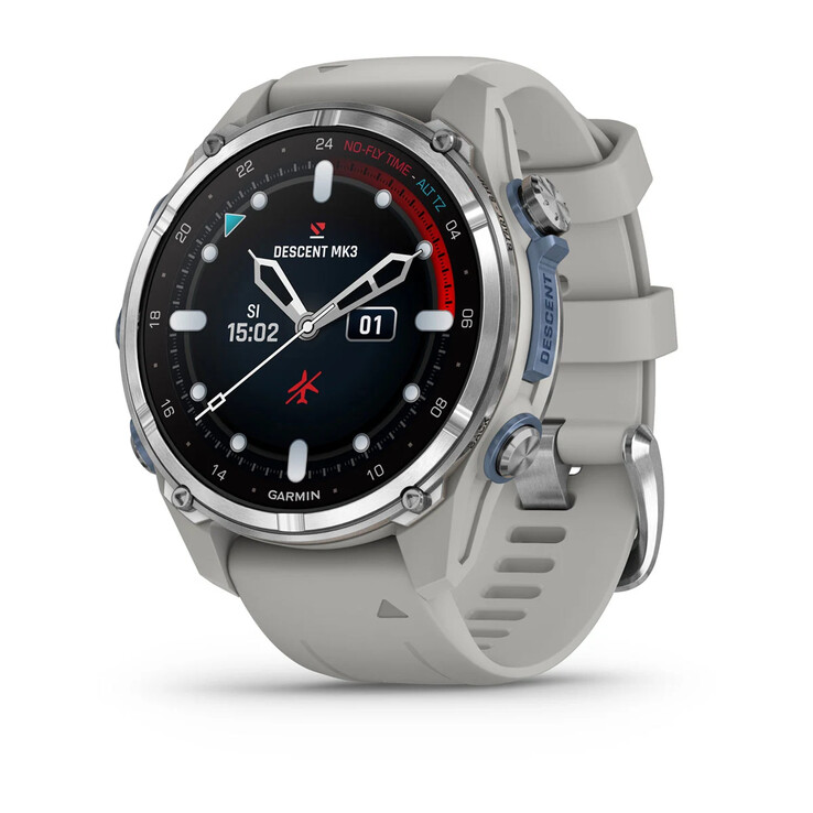 La Descent Mk3 - 43 mm en acier inoxydable avec bracelet en silicone gris brume. (Source de l'image : Garmin)