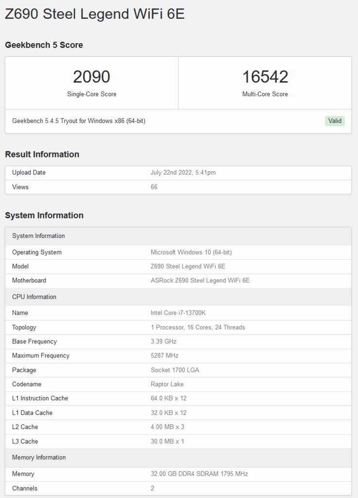 Liste Geekbench du Intel Core i7-13700K (image via Geekbench)