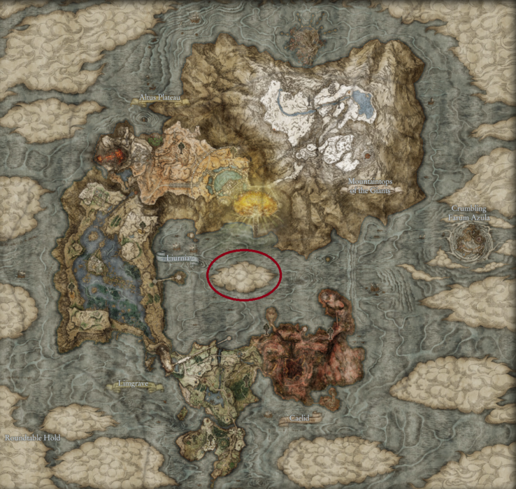 Emplacement potentiel de Shadow of the Erdtree dans The Lands Between (image via Map Genie, modifiée)