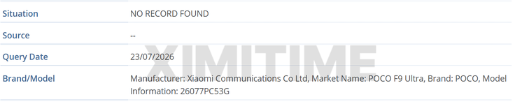 Fiche du Poco F9 Ultra dans la base de données IMEI de la GSMA.