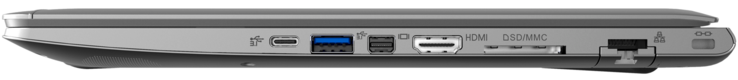 Côté droit : 1 Thunderbolt 3, 1 USB 3.1 Gen 1, Mini Display Port, HDMI, lecteur de carte 6-en-1, LAN, verrou de sécurité Kensington.
