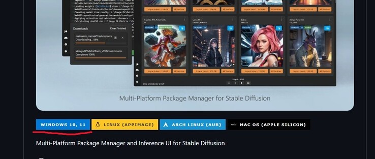 Capture d'écran de la page GitHub de Stability Matrix avec le bouton de téléchargement de Windows 10/11 en surbrillance. (Source de l'image : Windows Screen Capture)