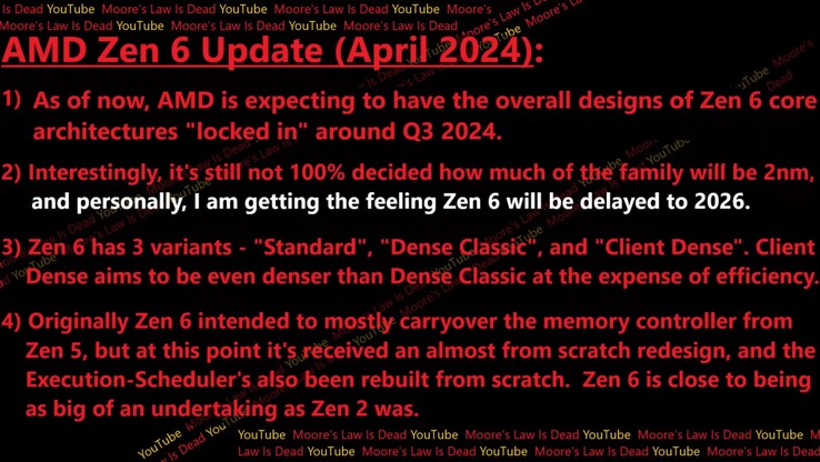 Fuite du Zen 6 d'AMD. (Source : Moore's Law Is Dead)