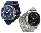 Galaxy Watch Ultra en bleu titane (en haut) et Galaxy Watch 8 Classic en noir avec un bracelet taupe (édité).