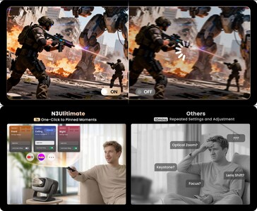 Comparaison entre la mémoire spatiale de Jmgo N3 Ultimate AI et la configuration en un clic, d'une part, et les réglages manuels et le délai de mise en mémoire tampon des projecteurs traditionnels, d'autre part