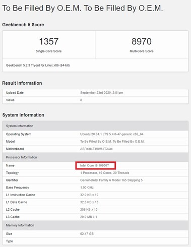 i9-10900T. (Source de l'image : Geekbench)