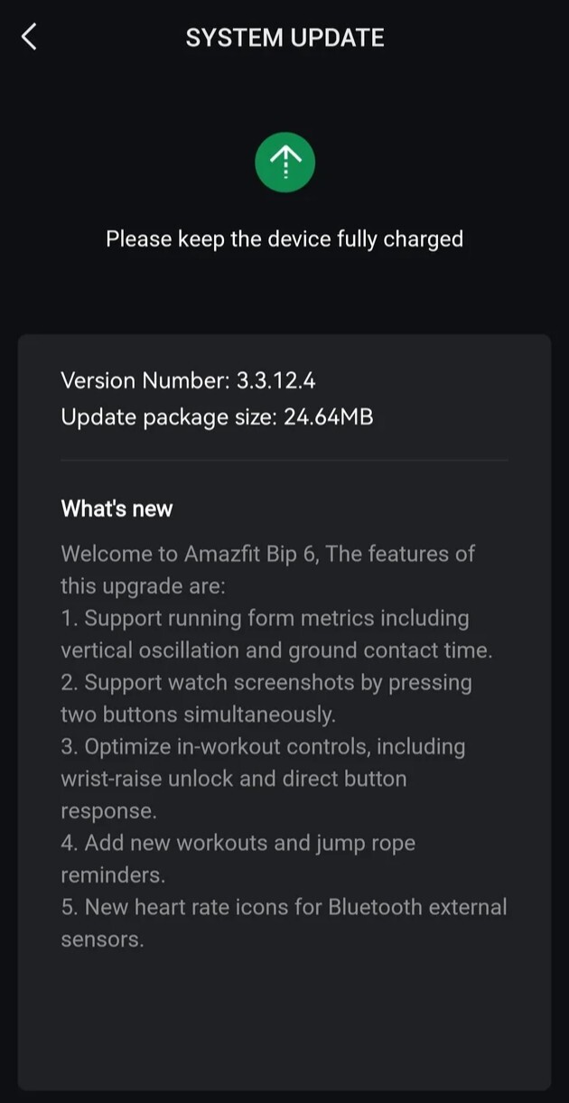 Les notes de mise à jour de la version 3.3.12.4 du logiciel de la smartwatch Amazfit Bip 6. (Source de l'image : Reddit)