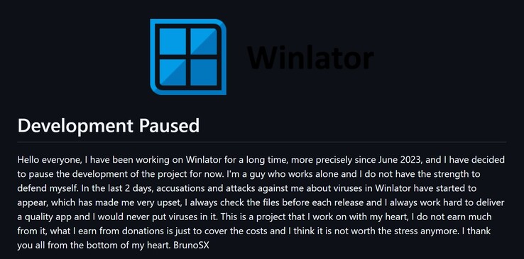 Message de BrunoSX concernant l'arrêt du développement de Winlator (Source de l'image : GitHub)