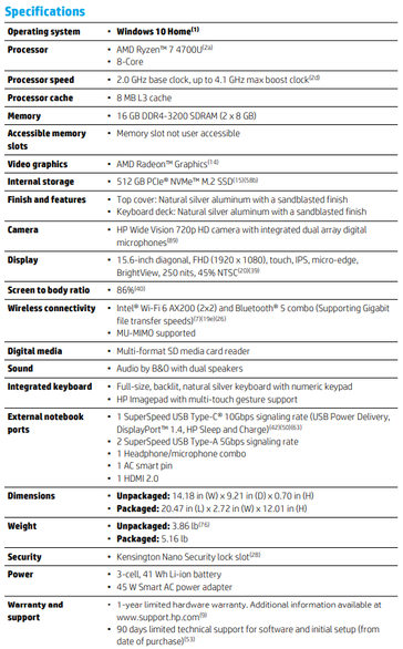 Spécifications du Pavillon HP 15 (image via HP)