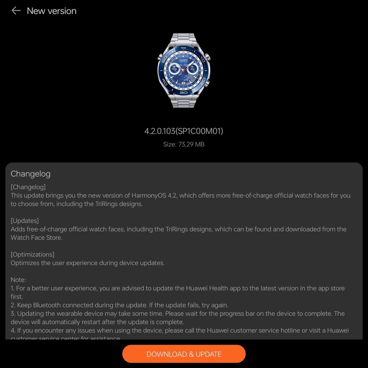 Le journal des modifications de la version 4.2.0.103 pour la Huawei Watch Ultimate. (Source de l'image : @RODENT950 via X)