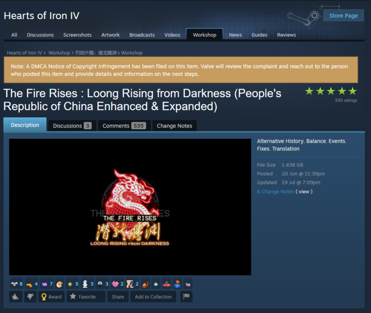 L'avis DMCA sur la page de la communauté Steam de The Fire Rises : Loong Rising from Darkness. (Source de l'image : Steam)