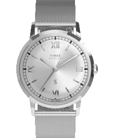 Montre-bracelet habillée Timex x Todd Snyder Marlin Mesh, dotée d'un cadran argenté à effet soleil et d'un bracelet milanais.