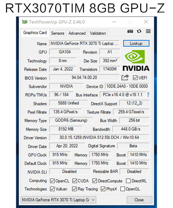 51Risc RTX 3070 TiM GPU - GPU-Z. (Image Source : Aliexpress)