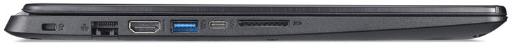 Côté gauche : verrou de sécurité, Ethernet gigabit, HDMI, 2 USB 3.1 Gen 1 (1 Type A, 1 Type C), lecteur de carte SD (SDXC).