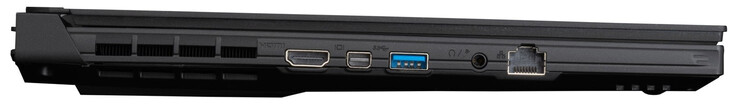 Côté gauche : HDMI 2.1, Mini DisplayPort 1.4, USB 3.2 Gen 1 (Type-A), combo audio, Gigabit Ethernet