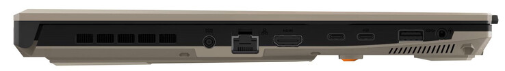 côté gauche : connexion électrique, Gigabit Ethernet, HDMI, USB 4 (USB-C ; DisplayPort), USB 3.2 Gen 2 (USB-C ; DisplayPort, Power Delivery), USB 3.2 Gen 1 (USB-A), combo audio